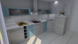 Vue 3D Cuisine contemporaine colorée sur-mesure - G Viaud - Landevieille - Remaud Menuiserie Saint Gilles croix de Vie