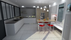 Vue 3D Cuisine sur-mesure avec verriere - G Viaud - Landevieille - Remaud Menuiserie Saint Gilles croix de Vie